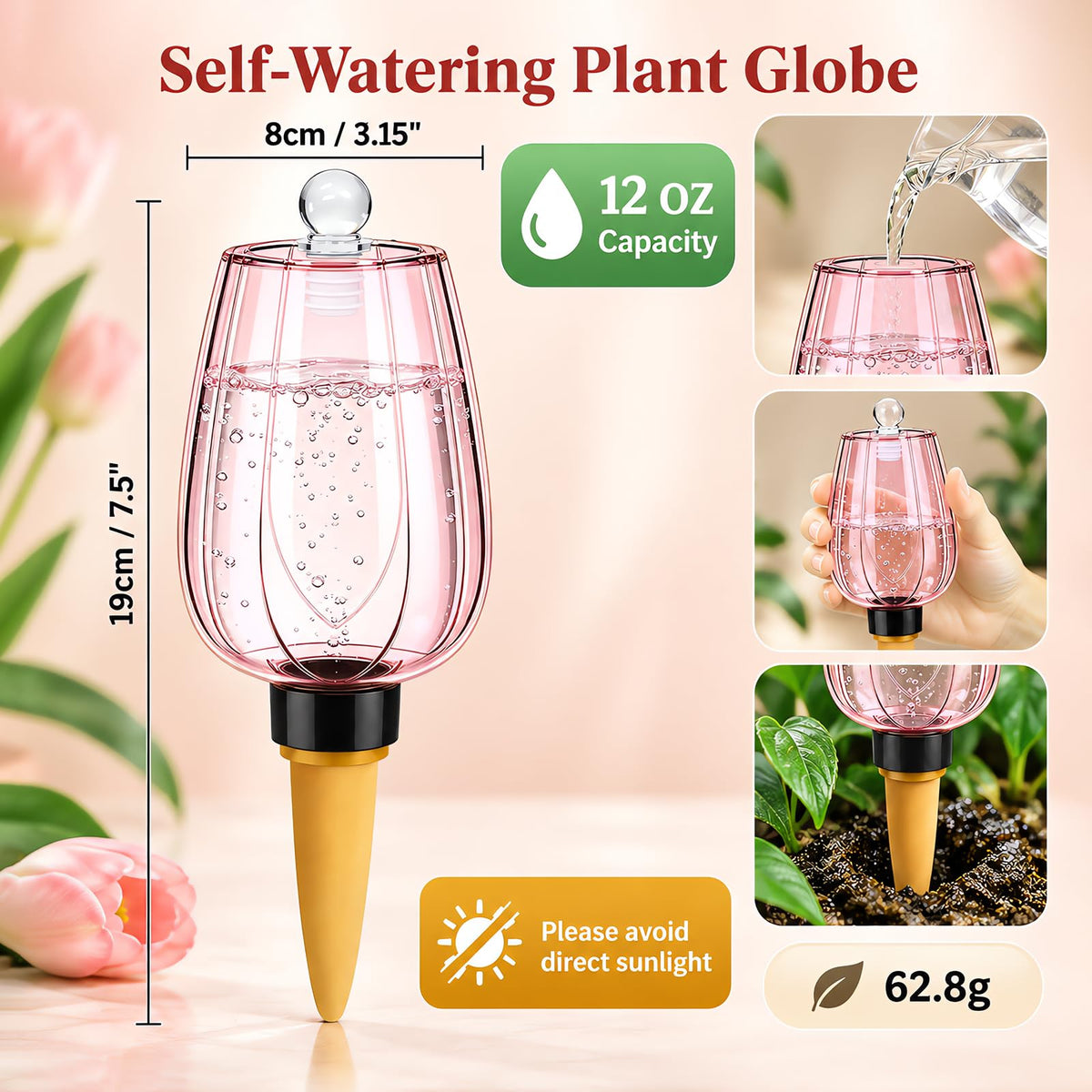 Tulip Watering Globes with Lids and Terracotta Spikes - 4-Pack | CLEANGOR