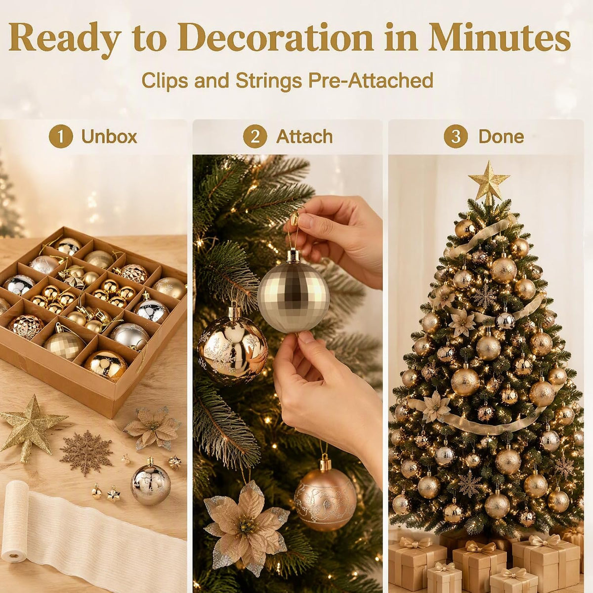 Champagne Gold Christmas Ornament Set (72-Piece) · Product photo 7