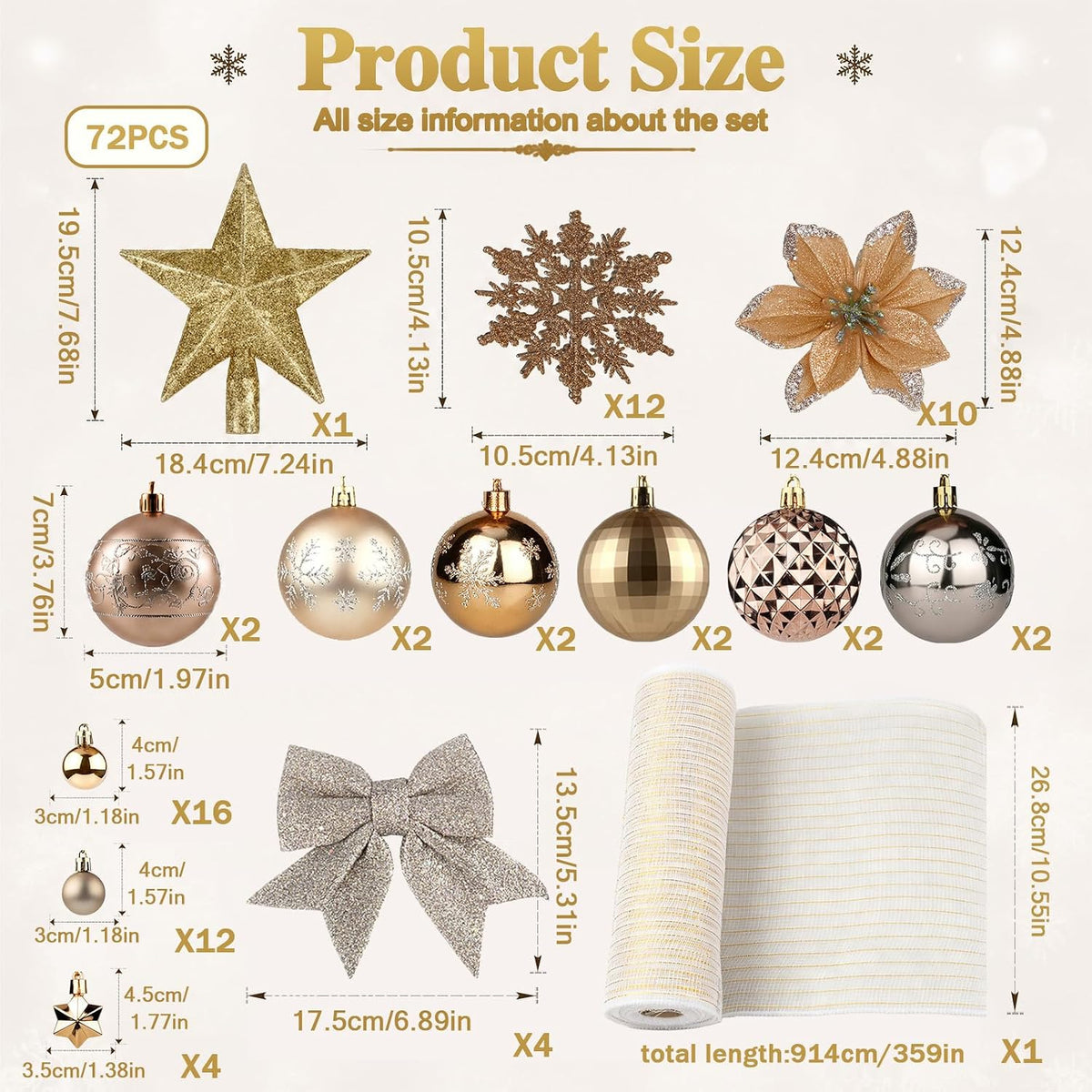 Champagne Gold Christmas Ornament Set (72-Piece) · Product photo 3