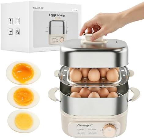 Cleangor Hard Boiled Egg Steamer–16 Med / 12 Large Eggs, 304 SS + PP, Auto Shut Off — white