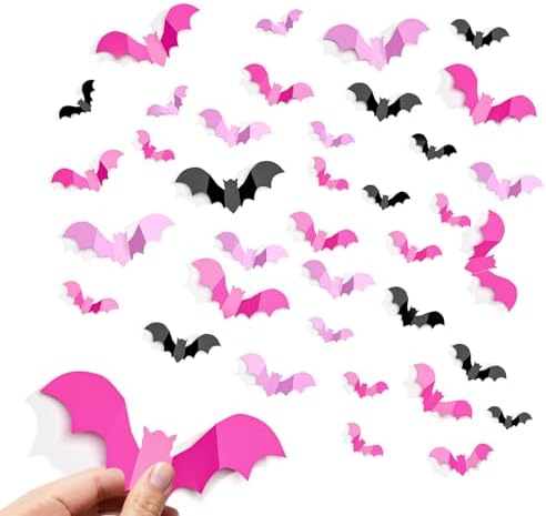 Cleangor 48Pcs Pink Bat Halloween Decor, Halloween Party Supplies Stickers — Pink · 48