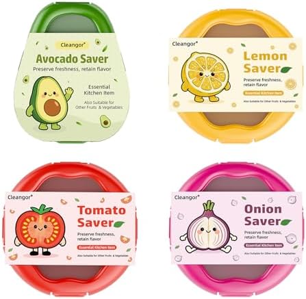 Cleangor Avocado Saver and Onion Saver, 4Pcs Fruit and Vegetable Savers — Mix（Green + Purple + Yellow + Red） · 4