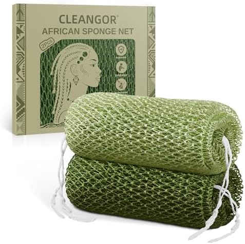 Cleangor 2Pcs African Net Sponge Authentic with Knots - Exfoliating Body — 2-Pack · Olive Green & Light Green