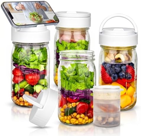 Cleangor 32oz Glass Salad Jars 4 pc, Meal Prep Containers with Handle 3 Divider Cups — Apricot White · 4