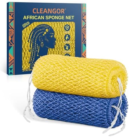 Cleangor 2Pcs African Net Sponge Authentic with Knots - Exfoliating Body — 2-Pack · Dark Blue & Bright Yellow