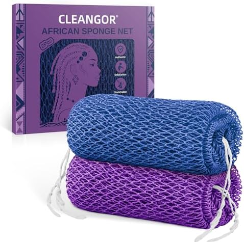 Cleangor 2Pcs African Net Sponge Authentic with Knots - Exfoliating Body — 2-Pack · Blue & Purple