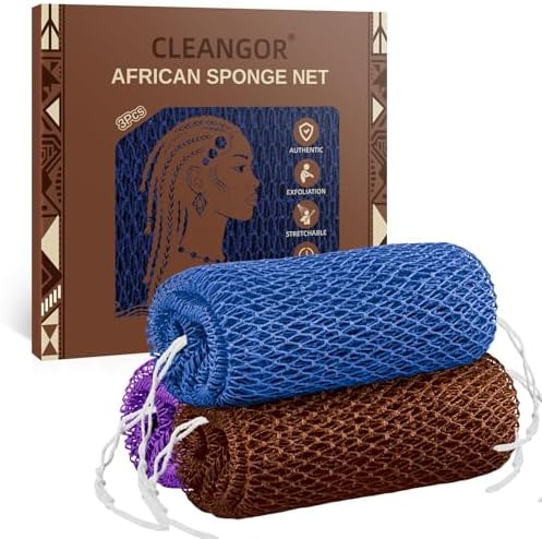 Cleangor 2Pcs African Net Sponge Authentic with Knots - Exfoliating Body — 3-Pack · Blue & Purple & Brown