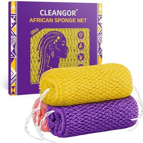 Cleangor 2Pcs African Net Sponge Authentic with Knots - Exfoliating Body — 3-Pack · Pink & Bright Yellow & Purple