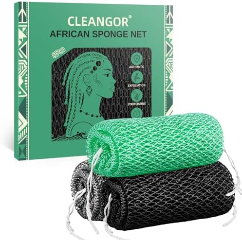 Cleangor 2Pcs African Net Sponge Authentic with Knots - Exfoliating Body — 3-Pack · Black & Slate & Seawave