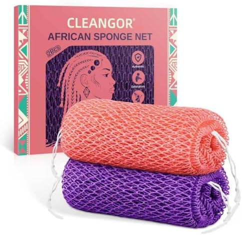 Cleangor 2Pcs African Net Sponge Authentic with Knots - Exfoliating Body — 2-Pack · Pink & Purple