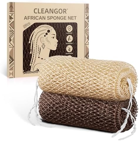 Cleangor 2Pcs African Net Sponge Authentic with Knots - Exfoliating Body — 2-Pack · Linen & Brown