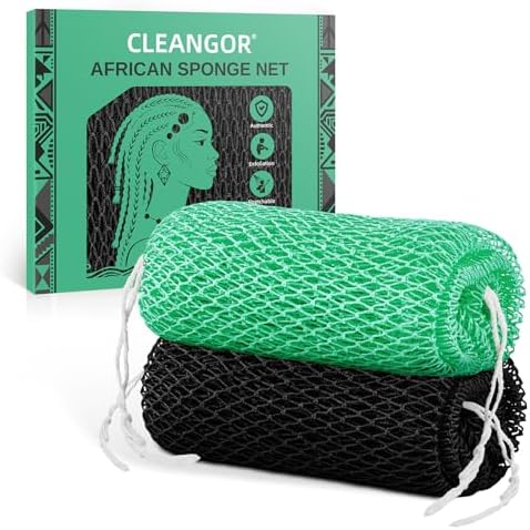 Cleangor 2Pcs African Net Sponge Authentic with Knots - Exfoliating Body — 2-Pack · Black & Seawave