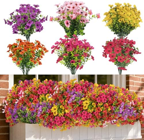 Cleangor 48 Pcs Artificial Daisy Flowers for Outdoors (6 Color) — Mix1(red+pink+purple+yellow+orange+rose Red) · 48