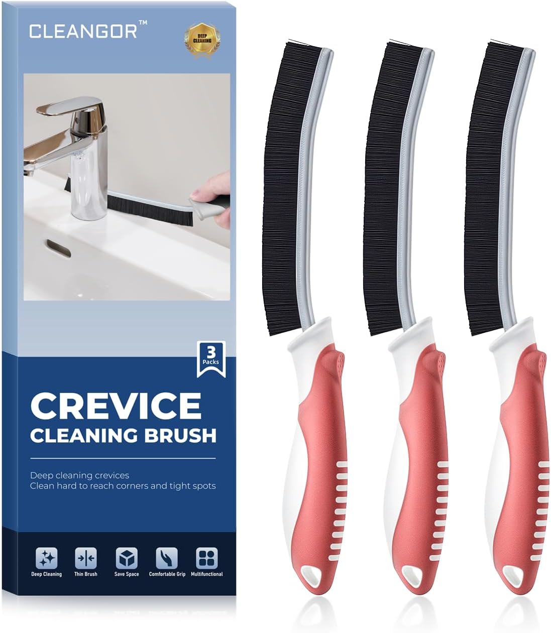 Cleangor Crevice Cleaning Brushes, Scrub Brush for Hard to Reach Small Space, Home Essentials, Cleaning Supplies, Cleaning Tools for Household Use, Bathroom, Shower, Kitchen, Toilet, Window (3, Red) — product image 1