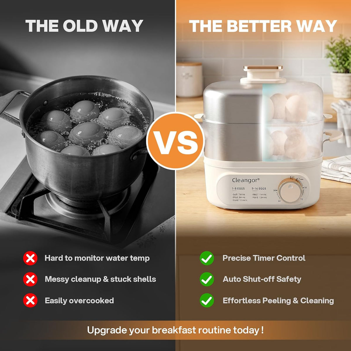 Cleangor Hard Boiled Egg Steamer–16 Med / 12 Large Eggs, 304 SS + PP, Auto Shut Off — product image 3