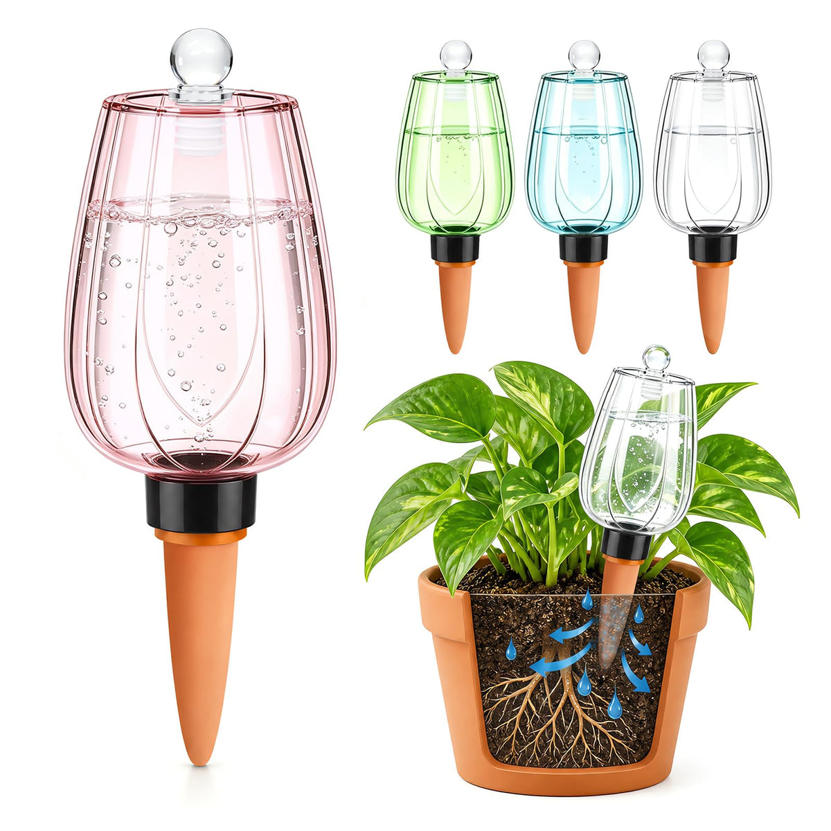 Tulip Watering Globes with Lids and Terracotta Spikes - 4-Pack · 4-Pack · 350 mL