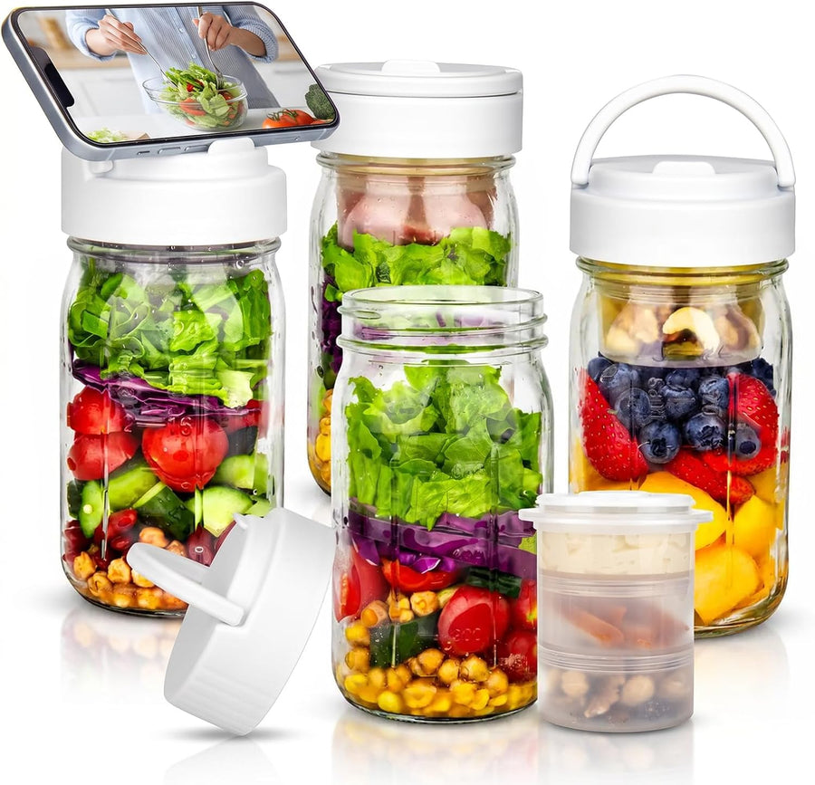 Cleangor 32oz Glass Salad Jars 4 pc, Meal Prep Containers with Handle 3 Divider Cups — product image 1