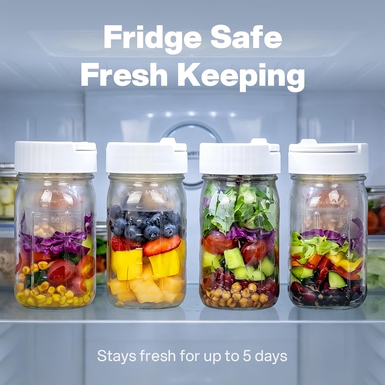 Cleangor 32oz Glass Salad Jars 4 pc, Meal Prep Containers with Handle 3 Divider Cups — product image 3