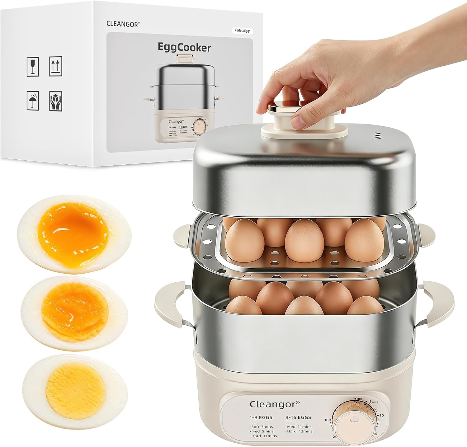 Cleangor Hard Boiled Egg Steamer–16 Med / 12 Large Eggs, 304 SS + PP, Auto Shut Off — product image 1