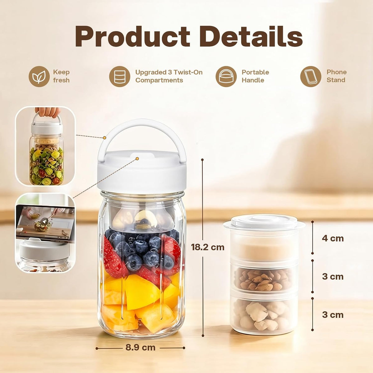 Cleangor 32oz Glass Salad Jars 4 pc, Meal Prep Containers with Handle 3 Divider Cups — product image 5