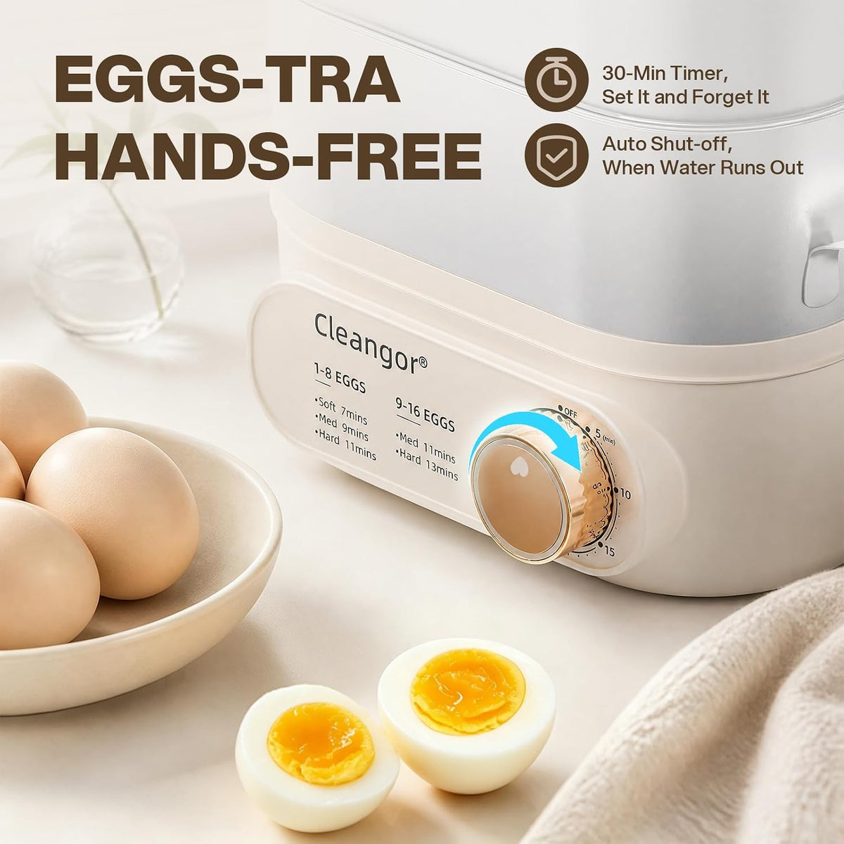 Cleangor Hard Boiled Egg Steamer–16 Med / 12 Large Eggs, 304 SS + PP, Auto Shut Off — product image 5