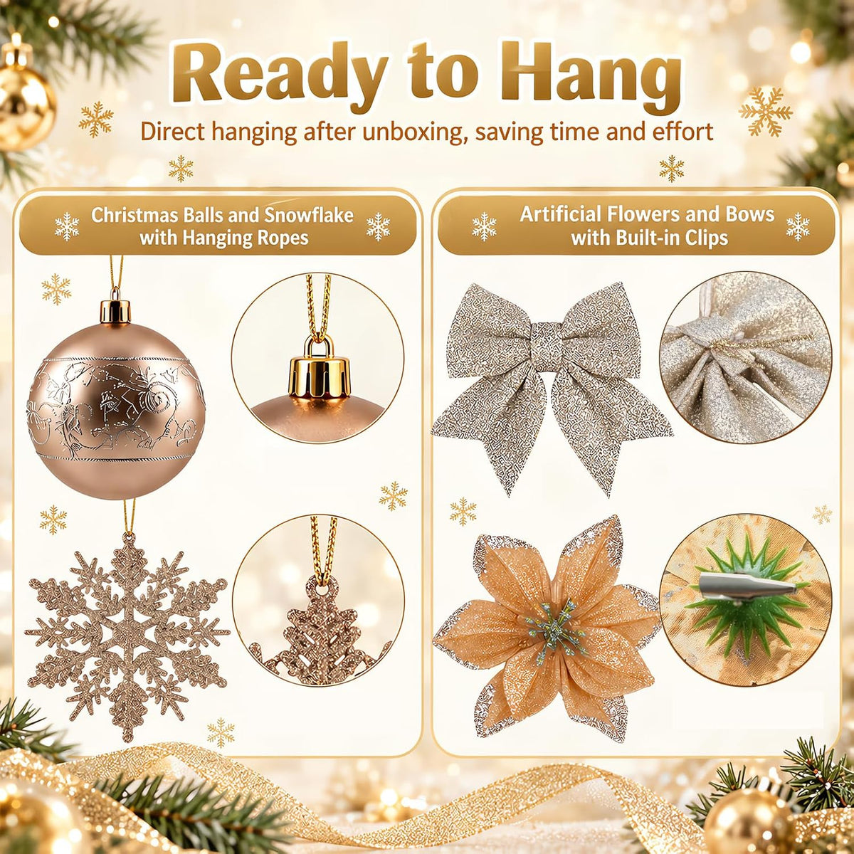 Champagne Gold Christmas Ornament Set (72-Piece) · Product photo 6