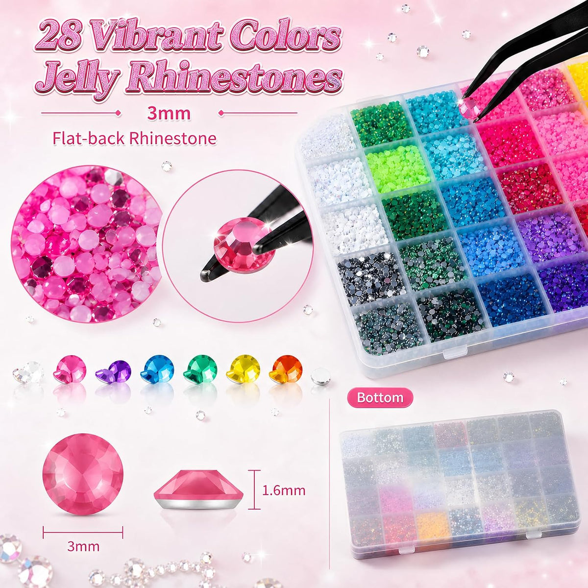 Cleangor 28 Colors Jelly Rhinestones Bedazzling Kit, 28000Pcs 3mm Flatback — product image 4