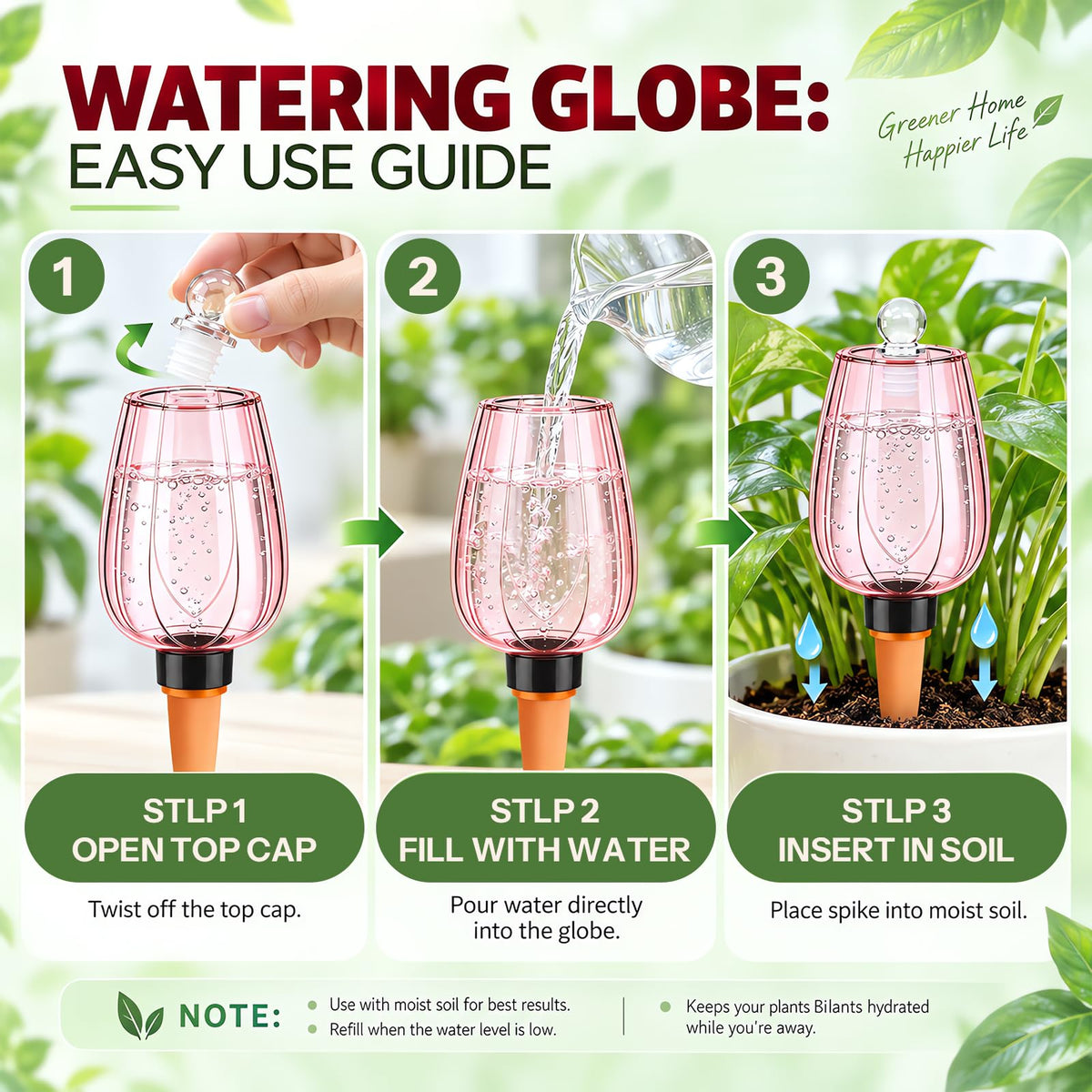 Tulip Watering Globes with Lids and Terracotta Spikes - 4-Pack | CLEANGOR