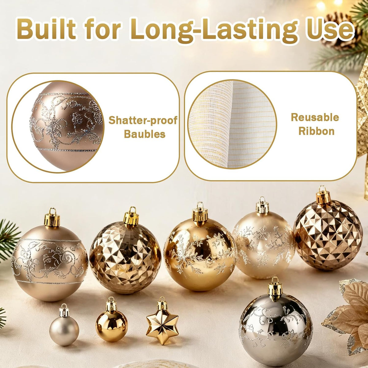 Champagne Gold Christmas Ornament Set (72-Piece) · Product photo 5