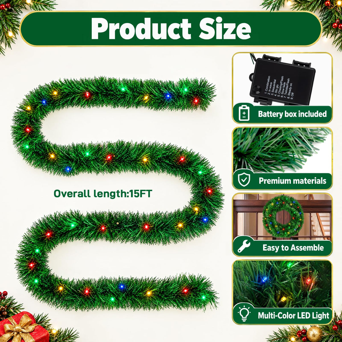 Pre-Lit Christmas Garland — 15 FT, 50 Multicolor LEDs