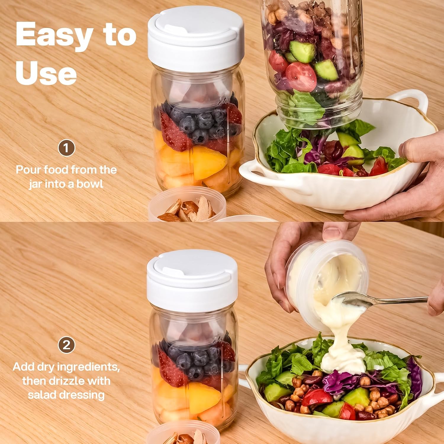 Cleangor 32oz Glass Salad Jars 4 pc, Meal Prep Containers with Handle 3 Divider Cups — product image 6