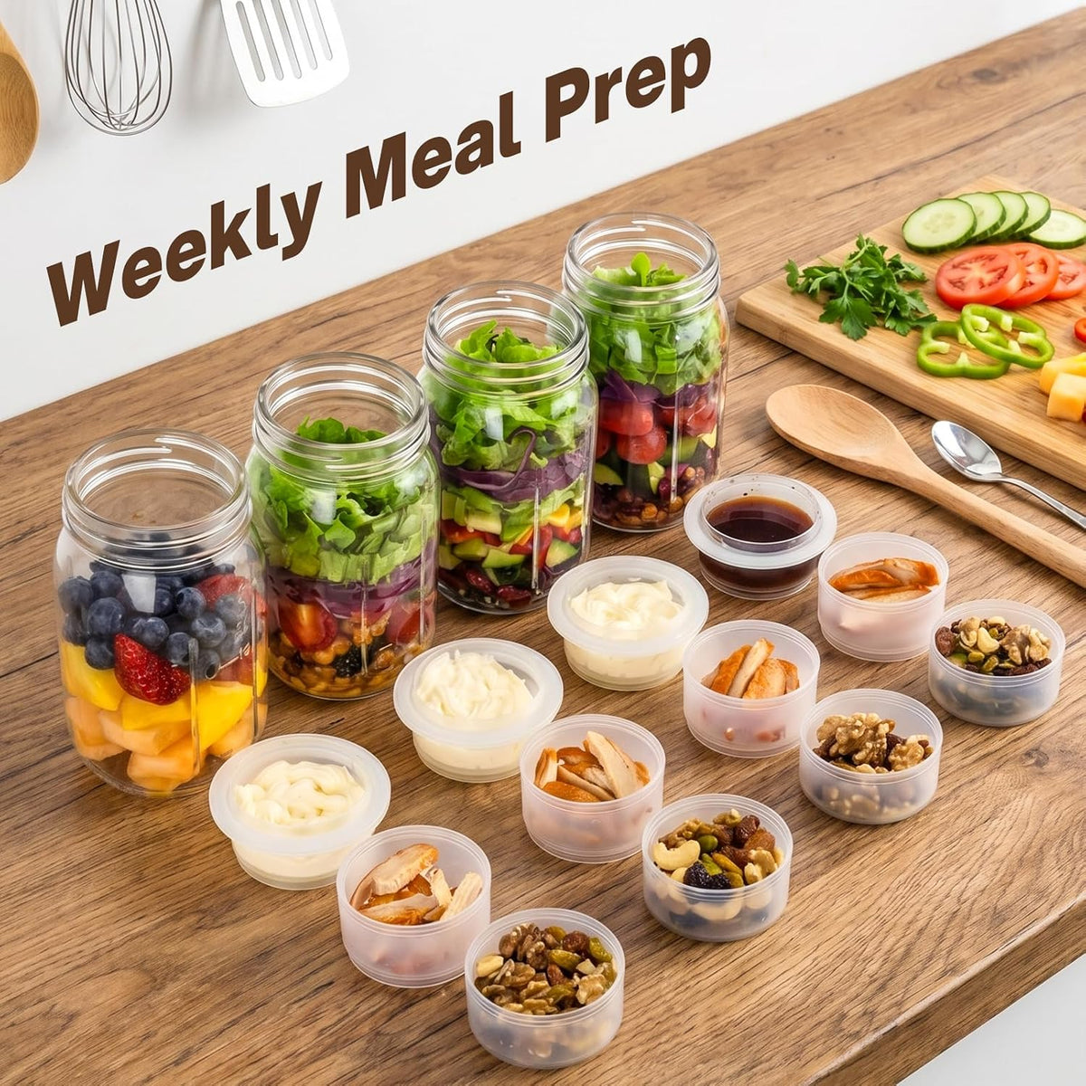 Cleangor 32oz Glass Salad Jars 4 pc, Meal Prep Containers with Handle 3 Divider Cups — product image 2