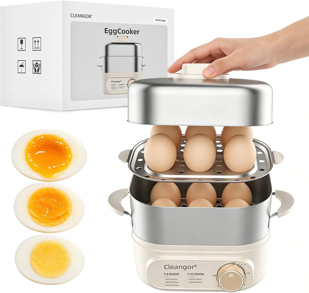 Cleangor Hard Boiled Egg Steamer–16 Med / 12 Large Eggs, 304 SS + PP, Auto Shut Off