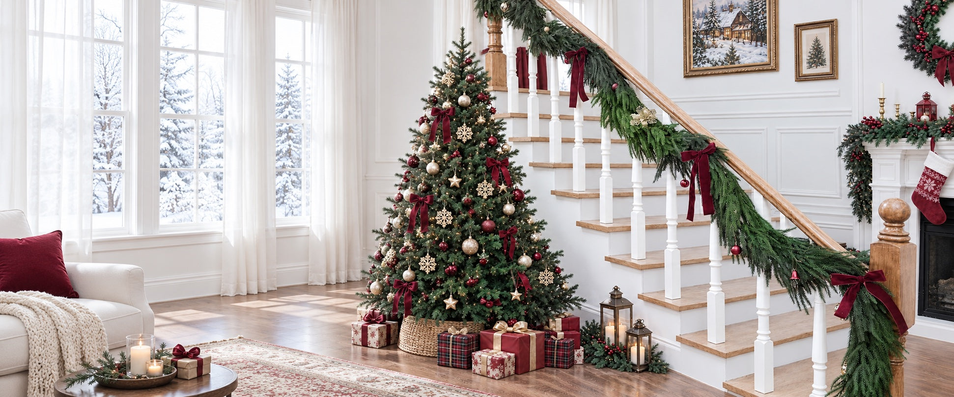 Norfolk pine garland with burgundy bows along a staircase beside a Christmas tree