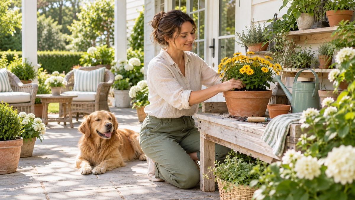 Woman arranging yellow daisies beside a golden retriever on the porch