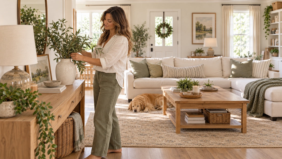 Woman arranging leafy stems in the original sunlit living room