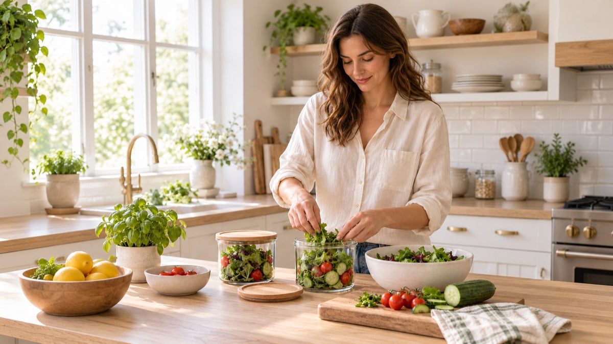 Woman filling glass salad jars in the original home kitchen