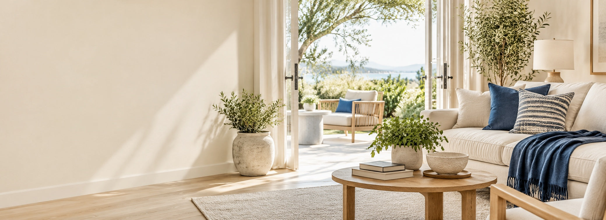A light-filled living room with a navy throw, houseplants and an open balcony